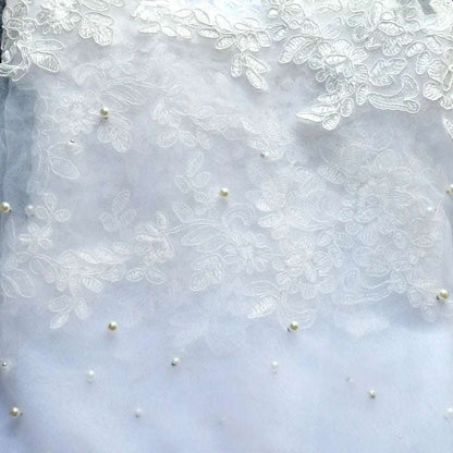 White Faux Pearl Beaded Cathedral Length Laced Edge Long Bridal Wedding Veil - 80d3e6-0e.myshopify.com - White / 300cm -  White