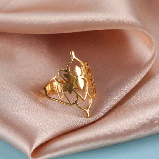 Women's Hollow Cutout Lotus Flower Stainless Steel Adjustable Ring