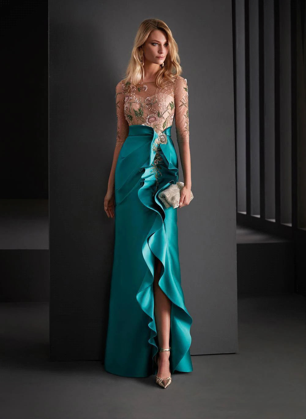 Elegant Women's Satin Embroidered Gold & Aqua Flared Mermaid Evening Dress - Lovez Aqua© - 