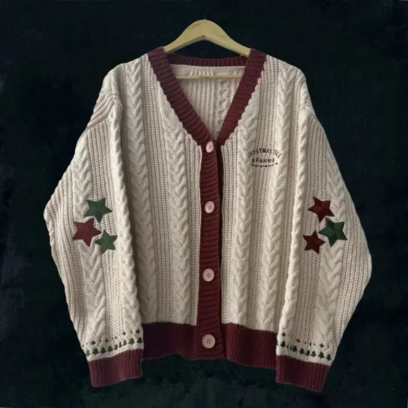 Women's Cozy Red & Green Christmas Tree & Stars Knitted Embroidered Cardigan