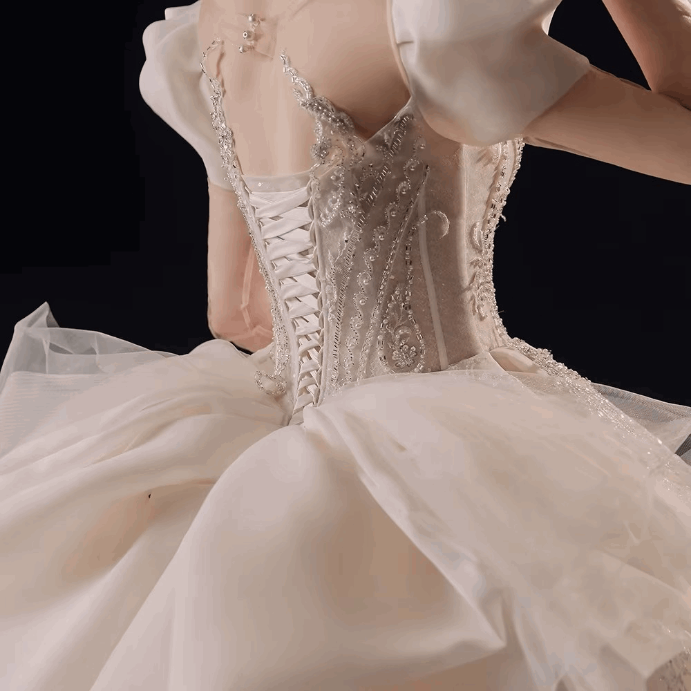 Champagne Silk Embroidered Princess Wedding Gown with Cap Sleeves & Chapel Train - 80d3e6-0e.myshopify.com - -  