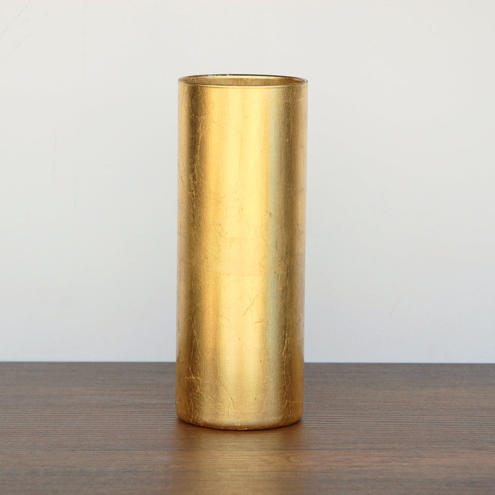 Modern 9" Distressed Large Golden Gilded Glass Cylinder Vase Decoration