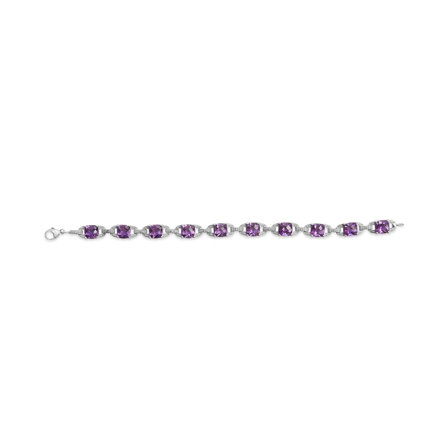 925 Sterling Silver Cushion Cut Amethyst Gemstone & Diamond Tennis Link Bracelet