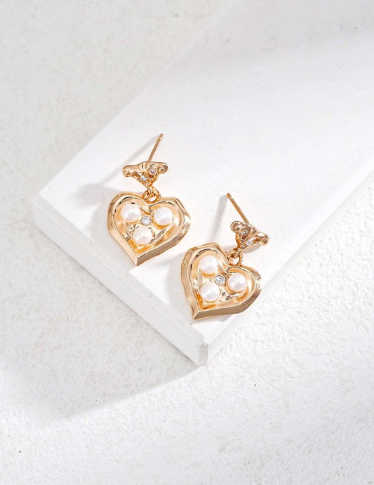 Women's Natural Freshwater Pearl & 18ct Gold Vermeil Heart Dangle Earrings