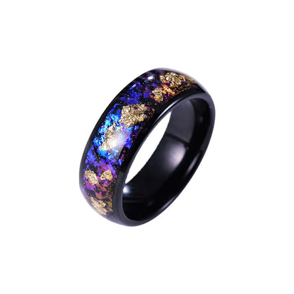 Luxurious Black, Dark Blue & Gold Leaf Midnight Sky Tungsten Ring