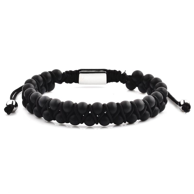 Men's Double Layered Matte Black Agate Stone Beaded Adjustable Bracelet - Lovez Aqua© - 