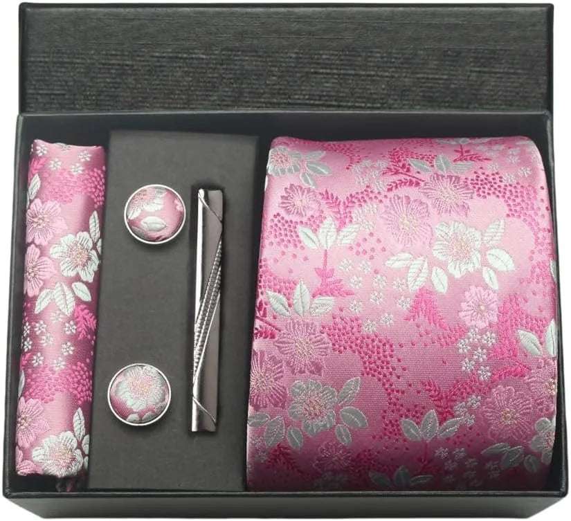 Men's Luxury Silk Paisley Floral Necktie, Pocket Square, Clip & Cufflinks Set - 80d3e6-0e.myshopify.com - BM13 -  BM13