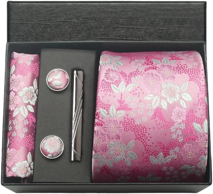 Men's Luxury Silk Paisley Floral Necktie, Pocket Square, Clip & Cufflinks Set - Lovez Aqua© - 