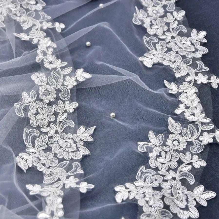 White Faux Pearl Beaded Cathedral Length Laced Edge Long Bridal Wedding Veil - 80d3e6-0e.myshopify.com - -  