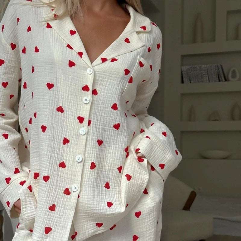 Women's Red Love Heart Printed Two-Piece Long Sleeve Pajama Set