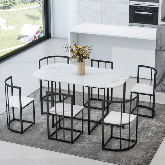 Modern 7-Piece Dining Set with Faux White Marble Oval Compact 55" Kitchen Table - 80d3e6-0e.myshopify.com - -  