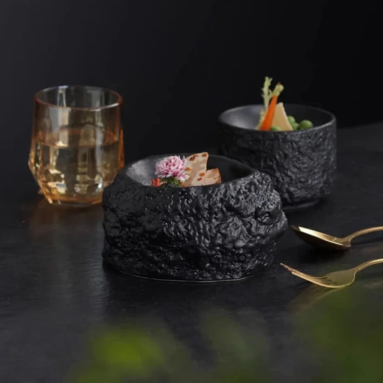 Textured Restaurant Style Charcoal Black Ceramic Bowl with Asymmetrical Edge - Lovez Aqua© - Molecular Cuisine