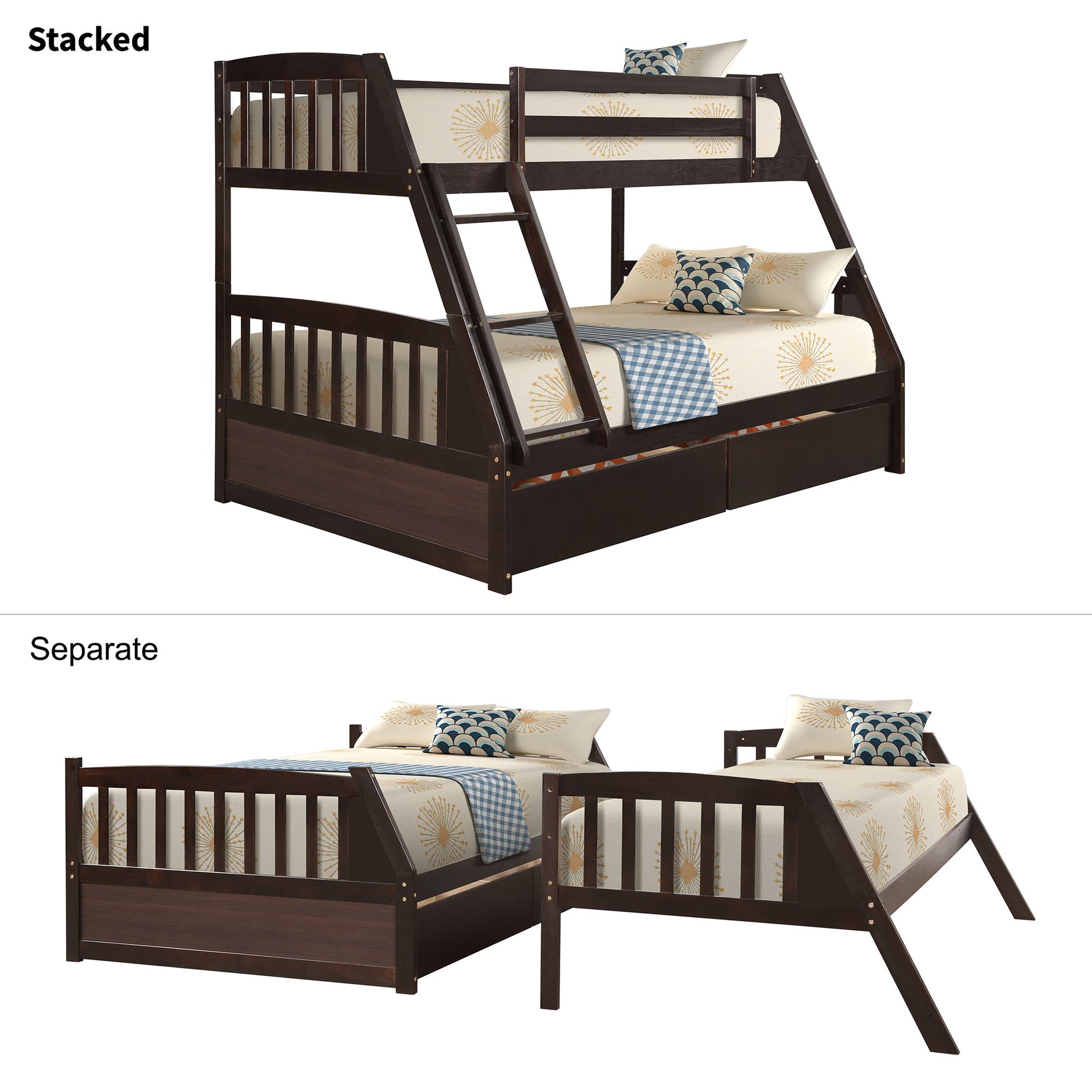 Espresso Pine Wood Twin Over Full Bunk Bed With Two Storage Drawers - Lovez Aqua© - 