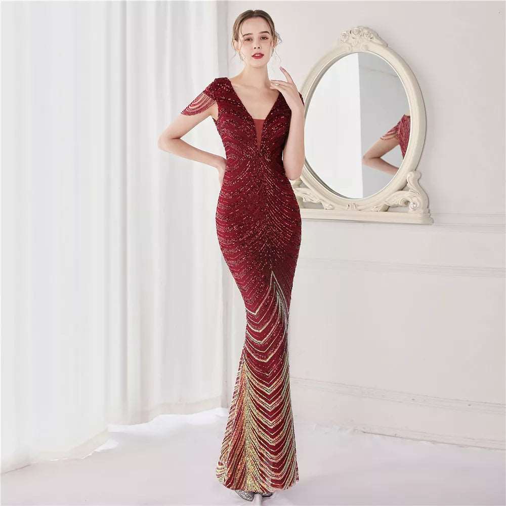 Women's Sequined Mermaid Evening Dress With Fringe Cap Sleeves - 80d3e6-0e.myshopify.com - Burgundy / 2 -  Burgundy