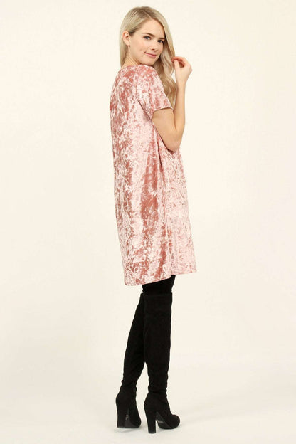 Women's Short Sleeve Relaxed Fit Crushed Velvet Tunic Dress