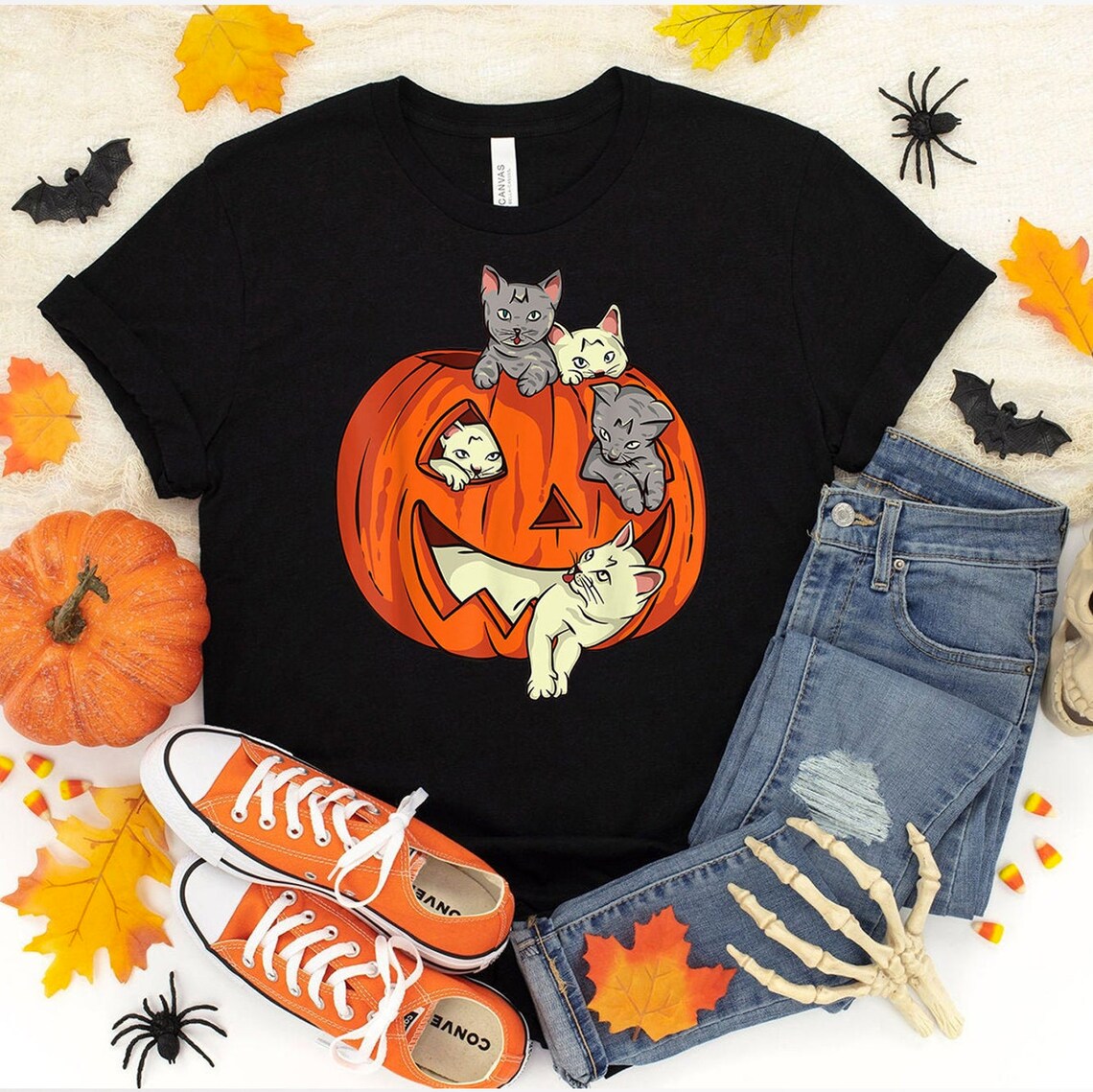 Mischievous Cat Filled Pumpkin Halloween Unisex Cotton T-Shirt - Lovez Aqua© - 