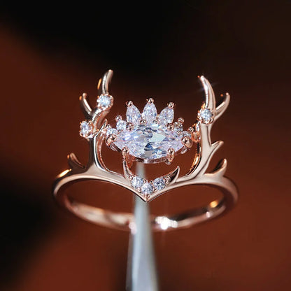 Delicate Gold Elk Antlers & Cubic Zirconia Crown Women's Ring