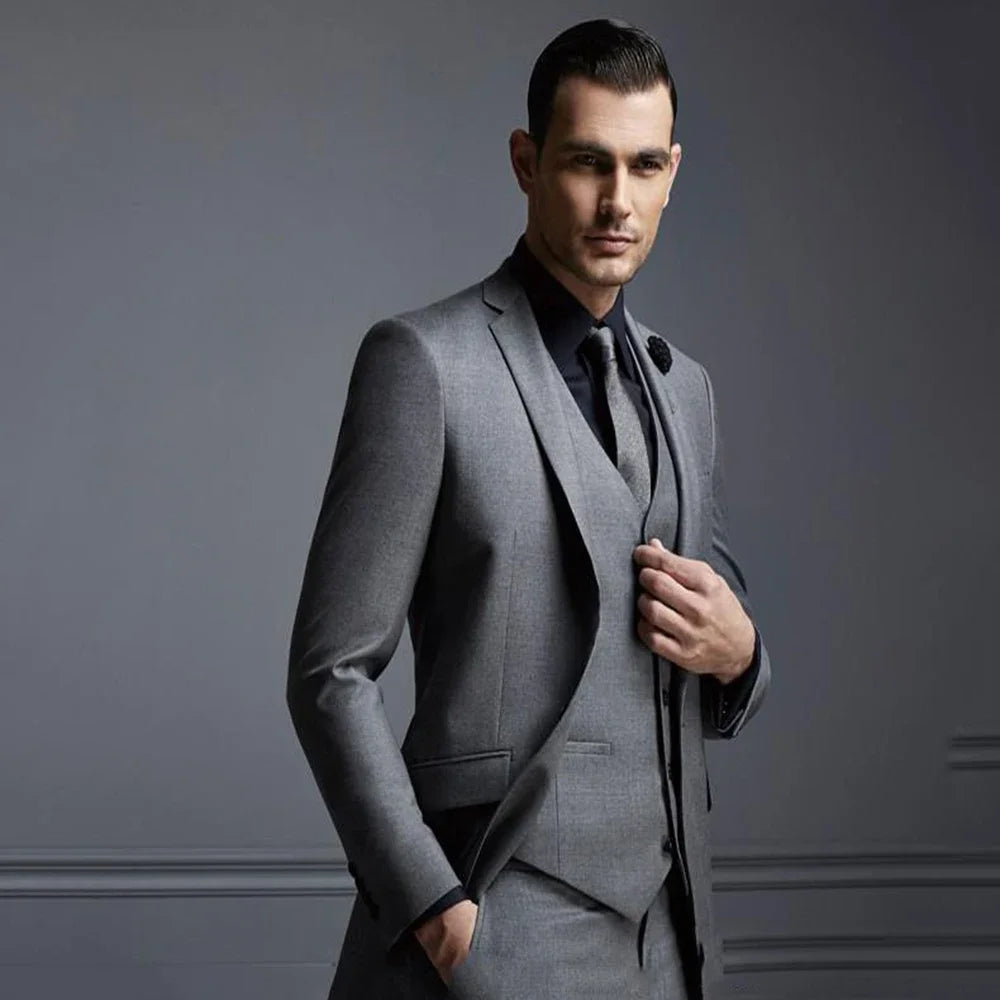 Men's Smart Casual 3 Piece Gray Cotton Suit Set Jacket & Pants - Lovez Aqua© - 