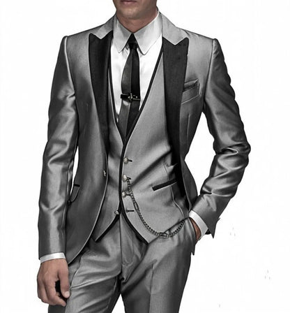 Men's Shiny Metallic Embroidered 3 Piece Suit Set (Jacket, Pants & Vest) - Lovez Aqua© - black, gray, red, silver, white