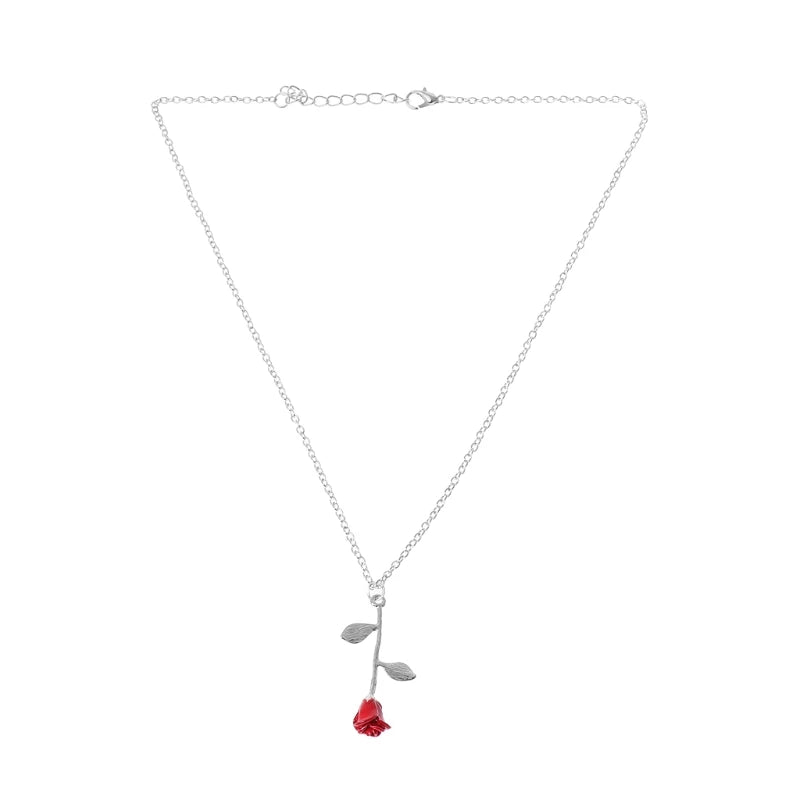 Disney's Beauty & the Beast Women's 3D Enchanted Red Rose Pendant Necklace