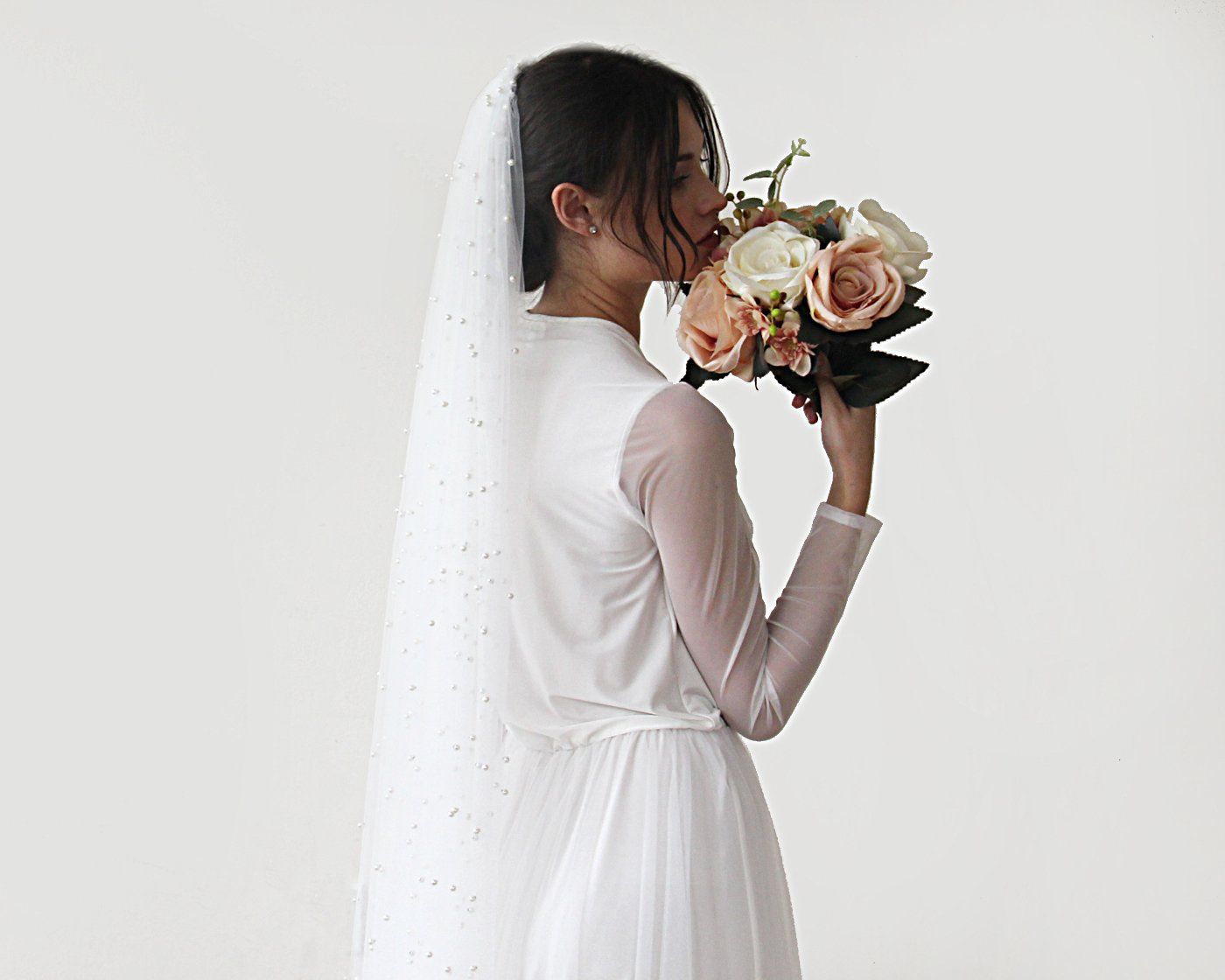 Ivory Fingertip Length Bridal Wedding Veil with Pearl Embellishments