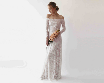 Ivory Blush Off Shoulder Scalloped Neckline Lace Wedding Dress with Long Sleeves