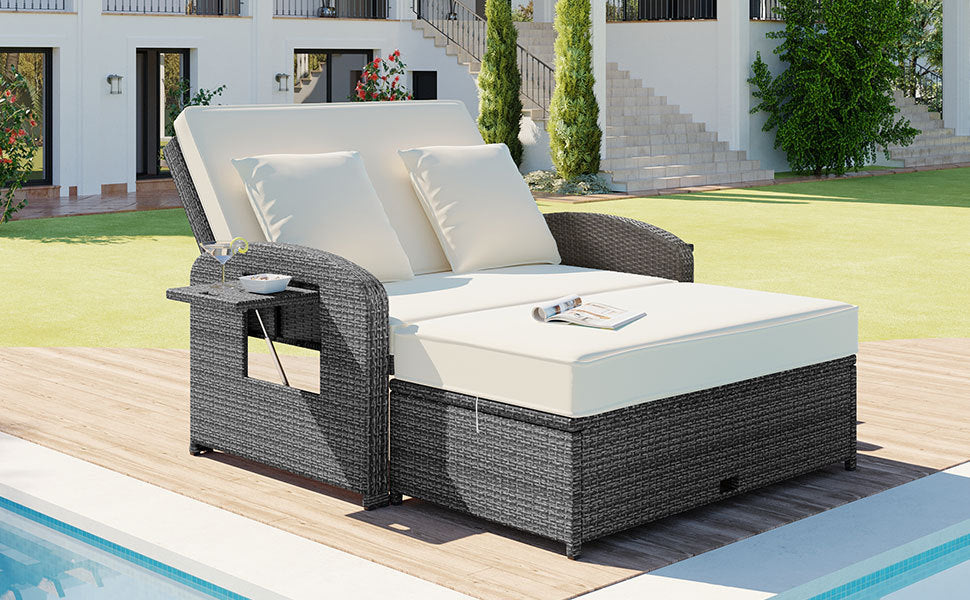 Outdoor PE Wicker Rattan Two Seater Reclining Lounge Daybed with Adjustable Back - 80d3e6-0e.myshopify.com - -  