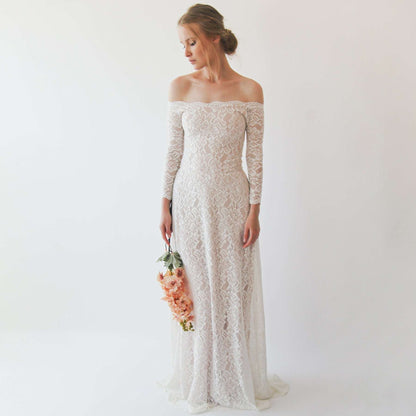 Ivory Blush Off Shoulder Scalloped Neckline Lace Wedding Dress with Long Sleeves