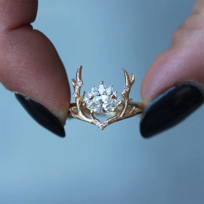 Delicate Gold Elk Antlers & Cubic Zirconia Crown Women's Ring