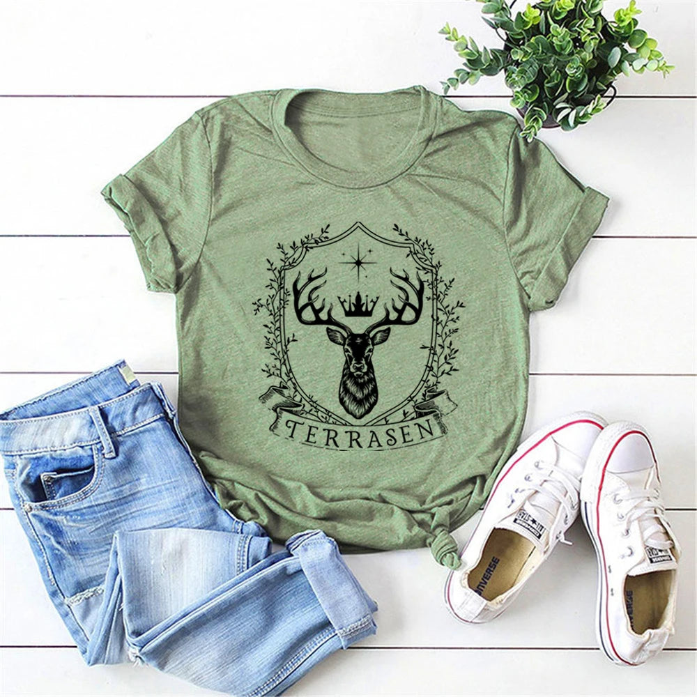 Terrasen The White Stag Throne of Glass Women's Graphic Print T-Shirt - Lovez Aqua© - 