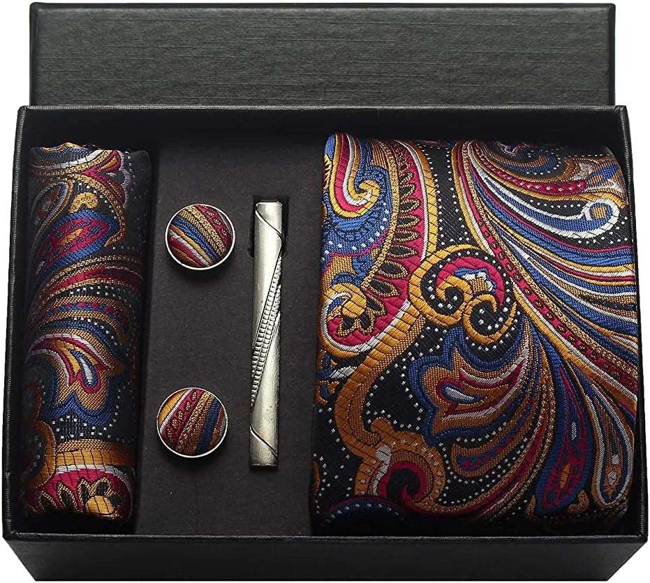 Men's Luxury Silk Paisley Floral Necktie, Pocket Square, Clip & Cufflinks Set - 80d3e6-0e.myshopify.com - BE18 -  BE18