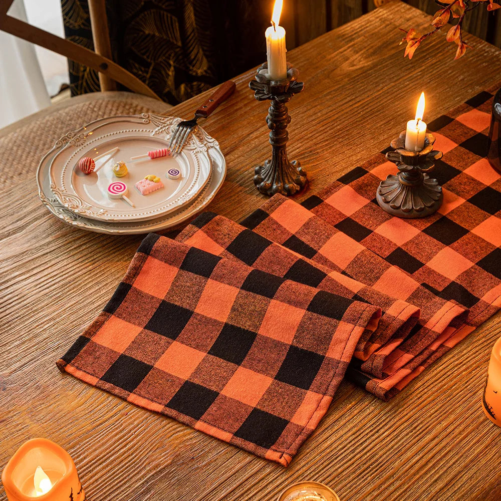 Orange & Black Halloween Holiday Decoration Farmhouse Plaid Tablecloth - Lovez Aqua© - 