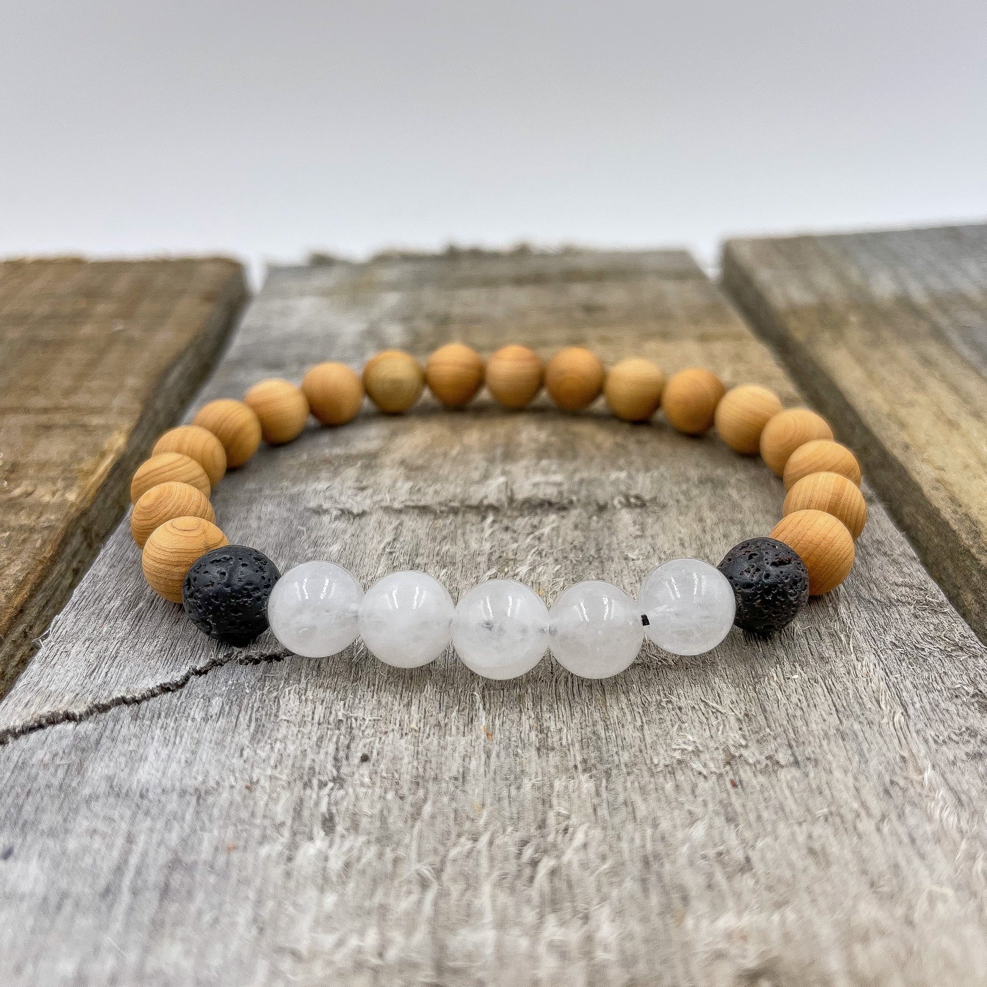 Unisex Beaded Bracelet with Moonstone, Cedar & Lava Rock Beads - Lovez Aqua© - 