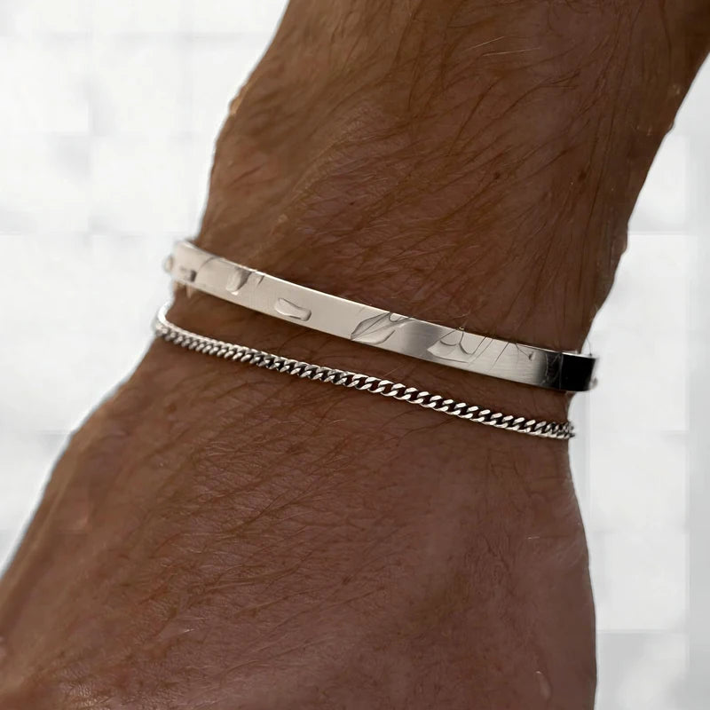 925 Sterling Silver Men's Stackable Cuff & Thin Chain Bracelets - Lovez Aqua© - 