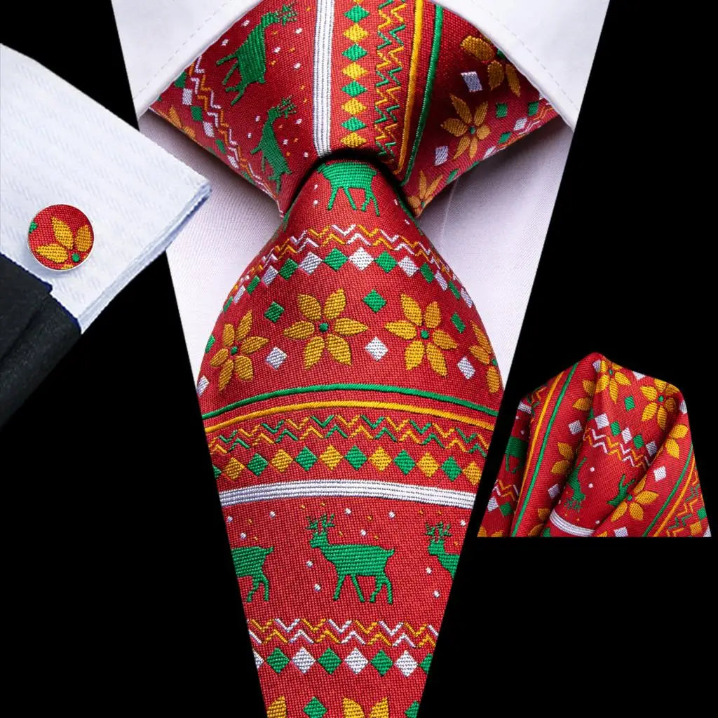 Men's Christmas Themed Festive Silk Necktie, Pocket Square & Cufflink Set - Lovez Aqua© - 