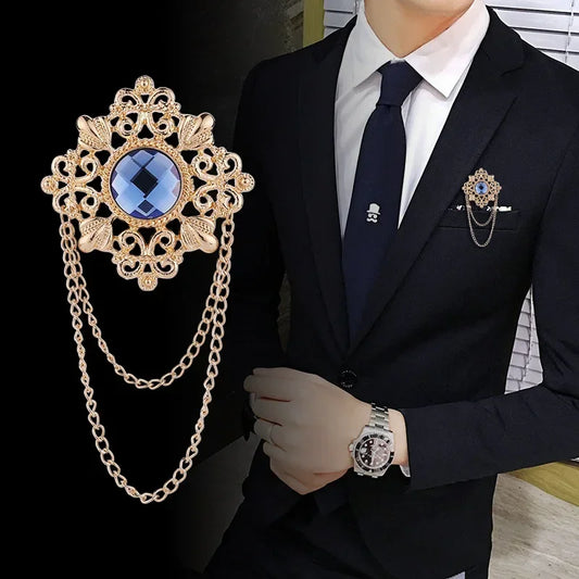 Men's Retro Baroque Style Crystal Brooch Vintage Tassel Chain Brooch