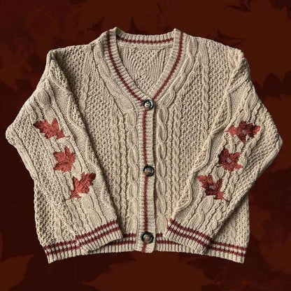 Taylor Swift Folklore Embroidered Autumn Leaves Knitted Beige Women's Cardigan