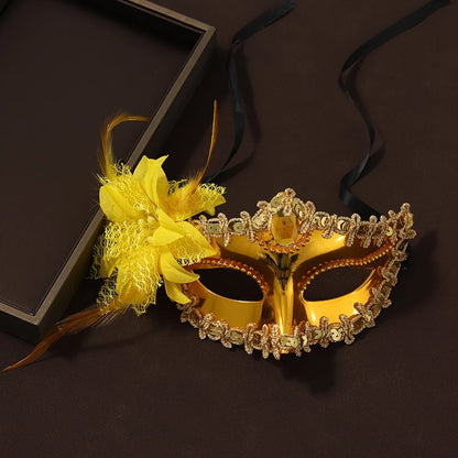 Deep Gold Half Face Women's Venetian Masquerade Festival Mask with Yellow Flower - Lovez Aqua© - 