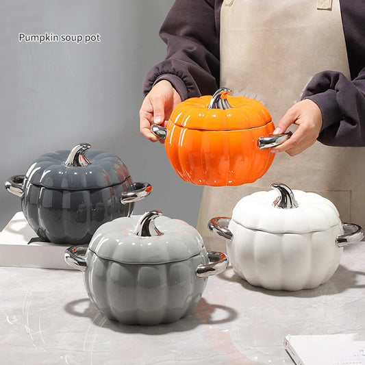 Autumn 2L Ceramic Pumpkin Multifunction Soup Bowl with Lid & Metal Handles - Lovez Aqua© - halloween