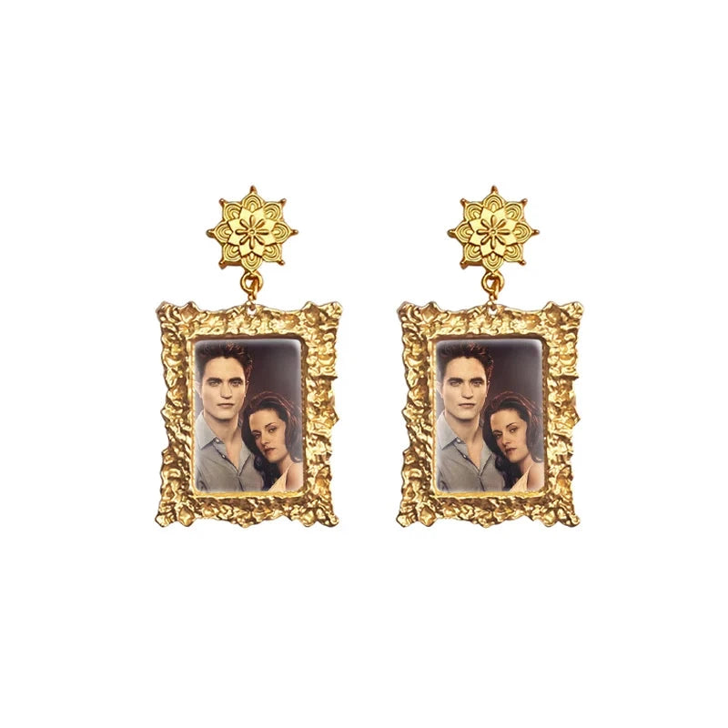 Twilight Movie Vintage Gold Framed Miniature Portrait Drop Earrings - Lovez Aqua© - bella swan, edward cullen, jacob black, robert pattinson