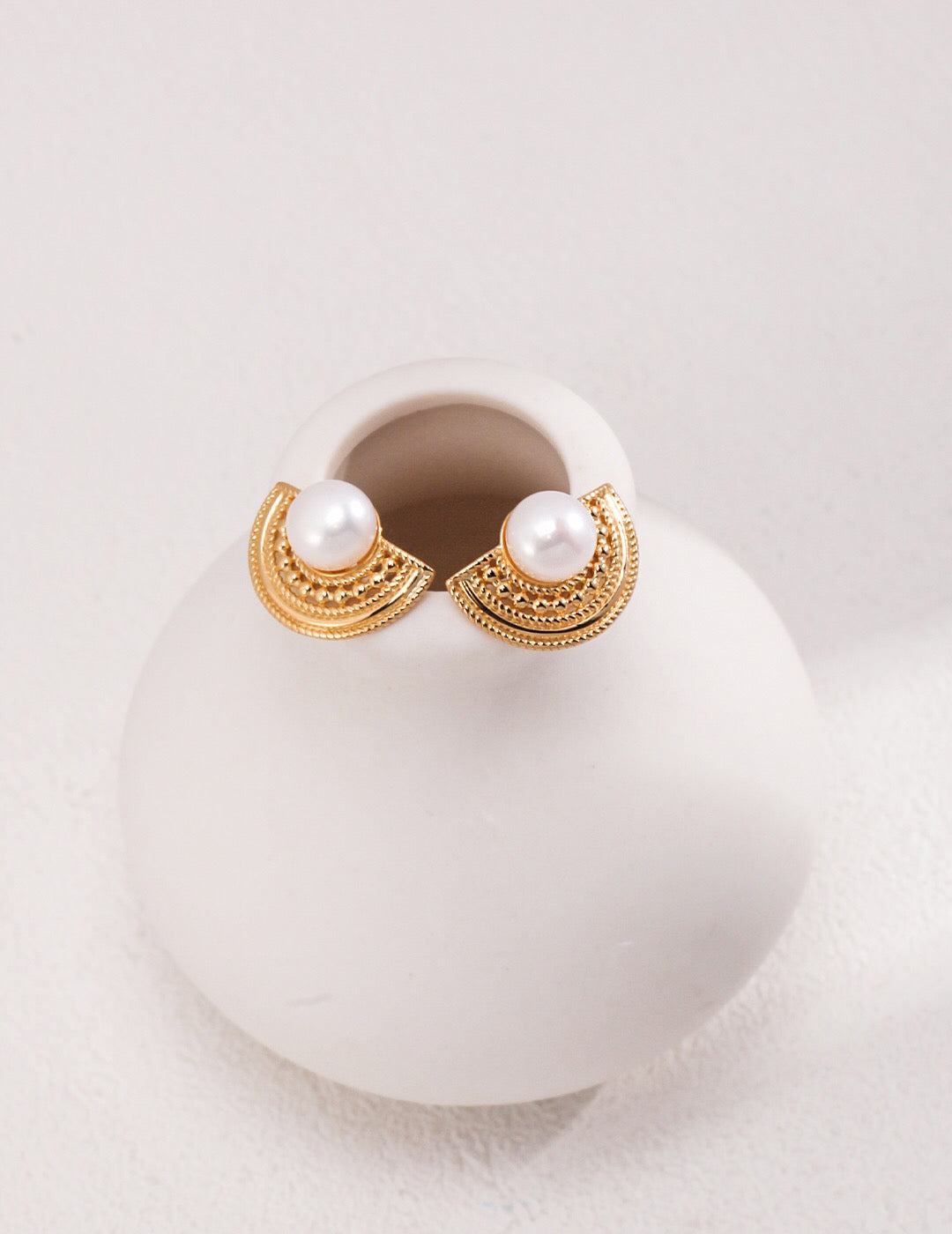 Women's 18K Gold-Plated Vermeil Engraved Half Circle Natural Pearl Stud Earrings