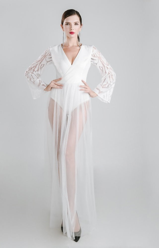 Women's Elegant White Bodysuit Dress with Sheer Overlay & Flared Sleeves