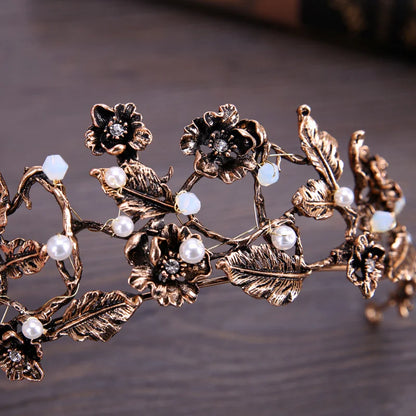 Antique Bronze & Black Crystal Bridal Hair Crown with Pearl Embellishments