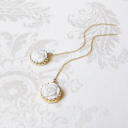 Women's White Porcelain Rose Gold-Filled Chain Earrings with Pearl Embellishment