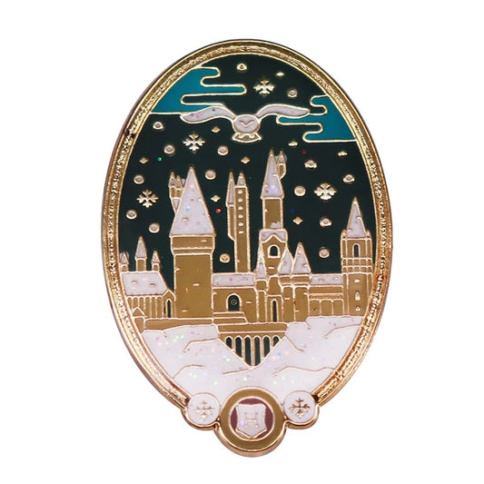 Harry Potter Snowy Winter's Night Christmas Hedwig Hogwarts Castle Brooch