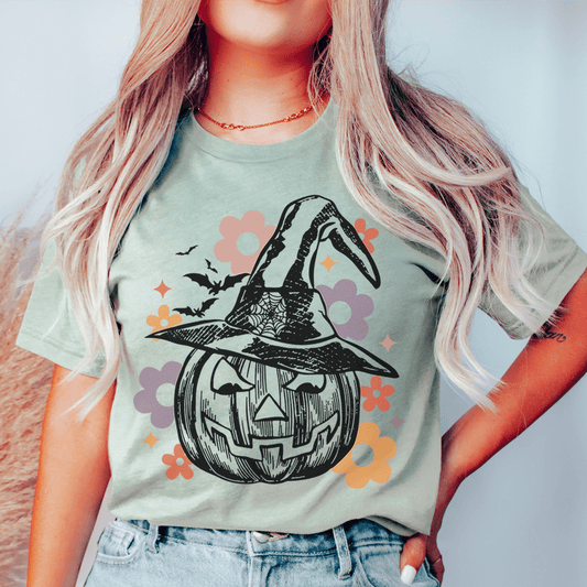 Women's Floral Halloween Pumpkin Graphic Print Cotton T-Shirt - Lovez Aqua© - 