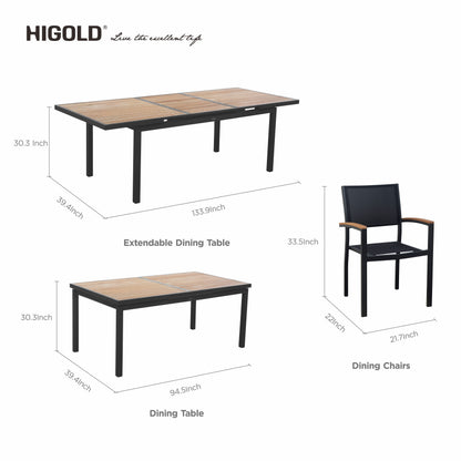 HIGOLD 12 Charcoal Black Chairs & Extendable Outdoor Wooden Dining Table Set