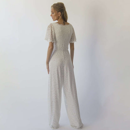 Ivory Bohemian Butterfly Sleeves Flowing Bridal Lace Jumpsuit with Flared Legs