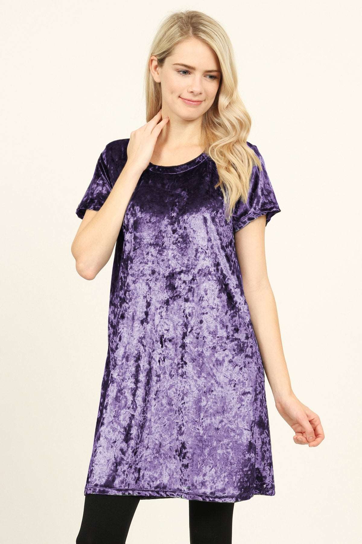 Women's Short Sleeve Relaxed Fit Crushed Velvet Tunic Dress