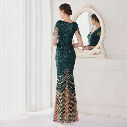 Women's Sequined Mermaid Evening Dress With Fringe Cap Sleeves - 80d3e6-0e.myshopify.com - -  